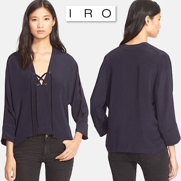 IRO Alis Lace Up Tie Front V-Neck Blouse Top 38 / 6 Navy Boxy Flowy Minimalist - Picture 1 of 16
